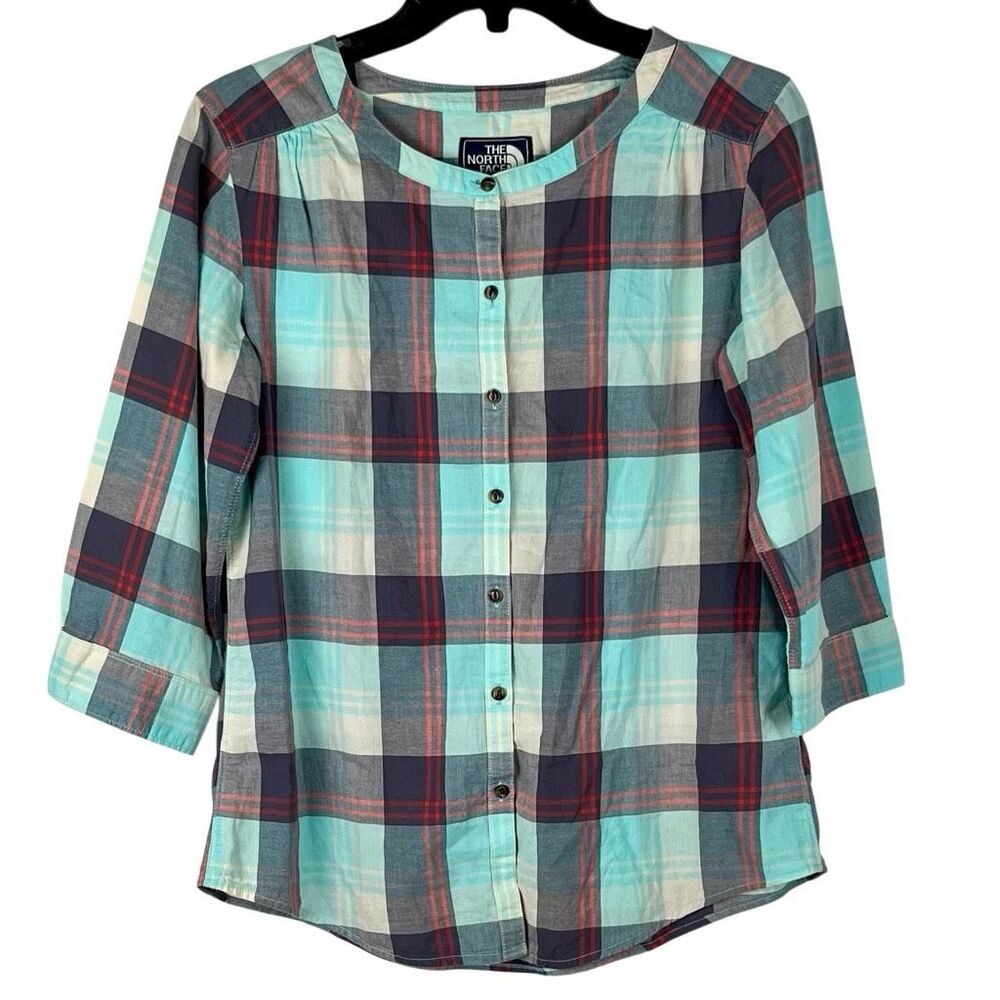The North Face Women's Plaid Button-Down Collarless Neckline Blouse Small